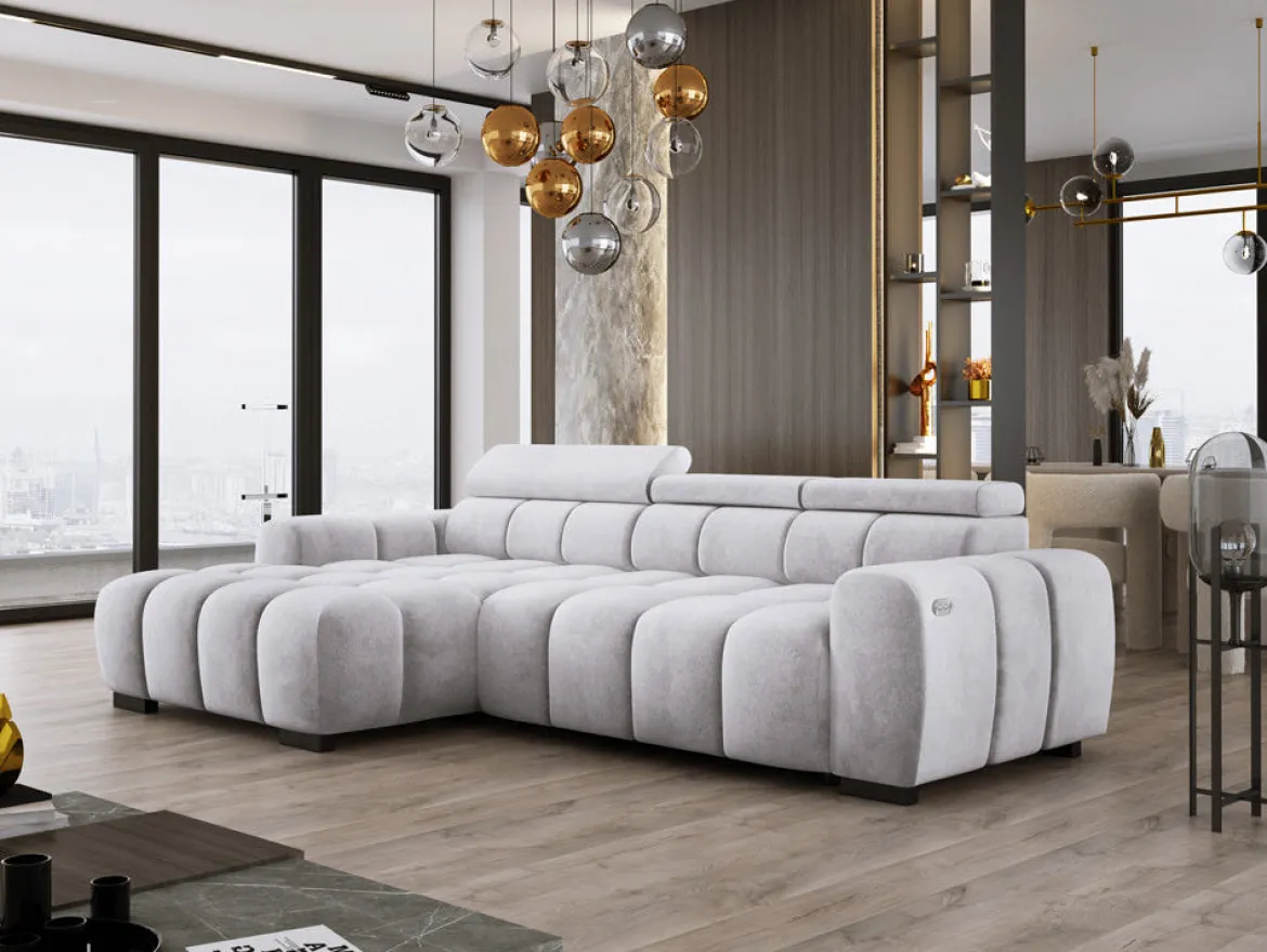 Designer Ecksofa Amalfi in Samt mit elektrischer Sitzerweiterung