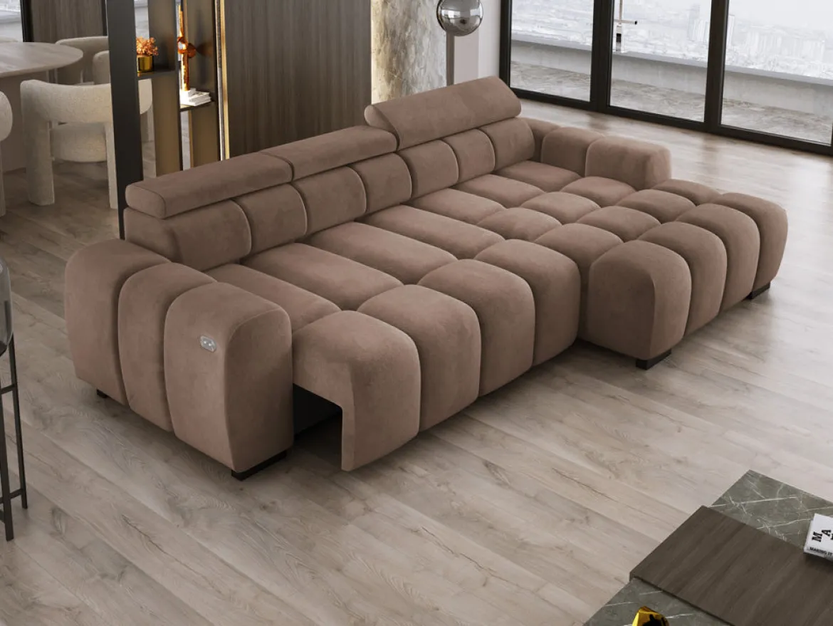 Designer Ecksofa Amalfi in Samt mit elektrischer Sitzerweiterung