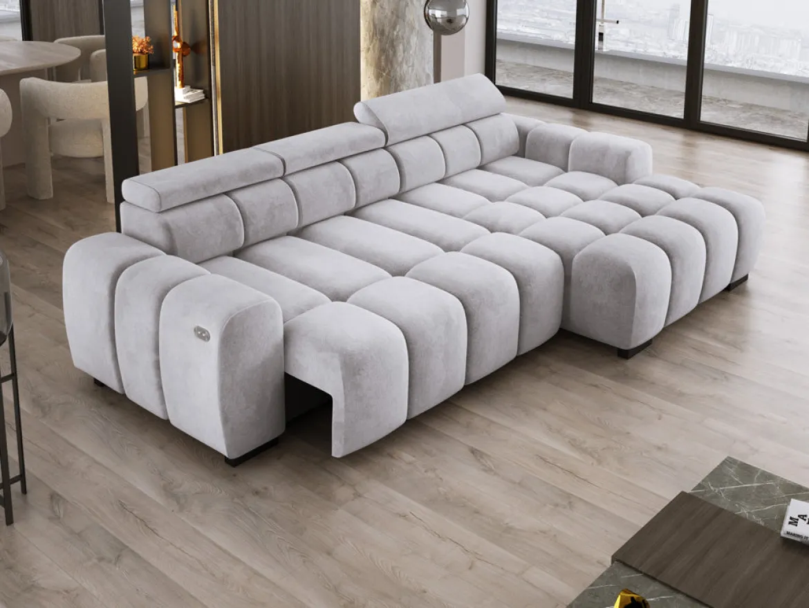 Designer Ecksofa Amalfi in Samt mit elektrischer Sitzerweiterung