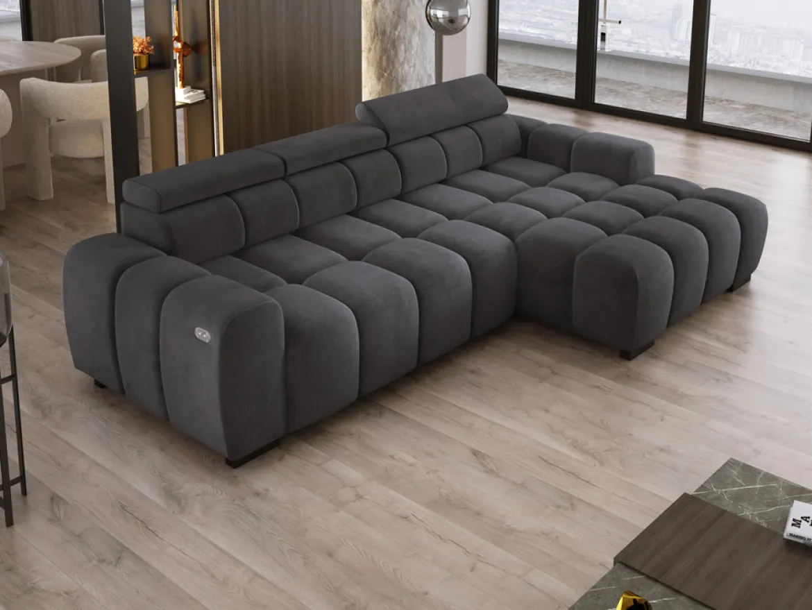 Designer Ecksofa Amalfi in Samt mit elektrischer Sitzerweiterung