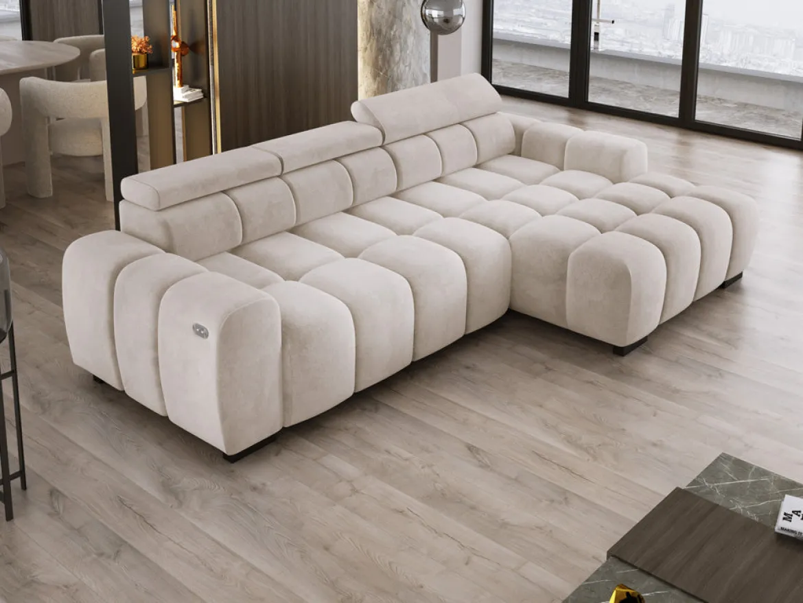 Designer Ecksofa Amalfi in Samt mit elektrischer Sitzerweiterung