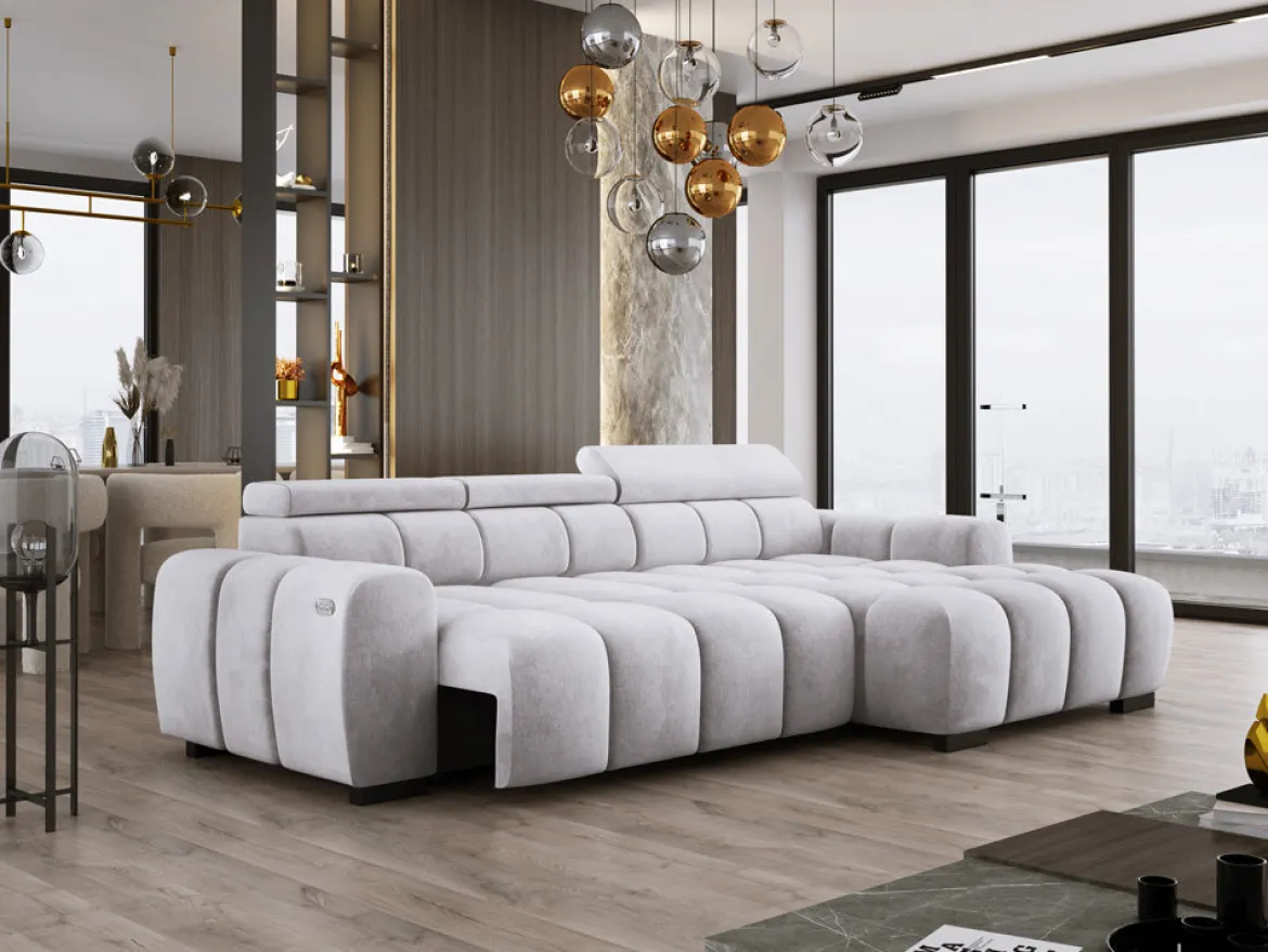 Designer Ecksofa Amalfi in Samt mit elektrischer Sitzerweiterung