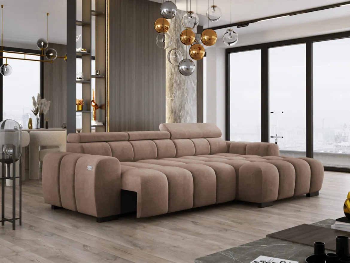 Designer Ecksofa Amalfi in Samt mit elektrischer Sitzerweiterung