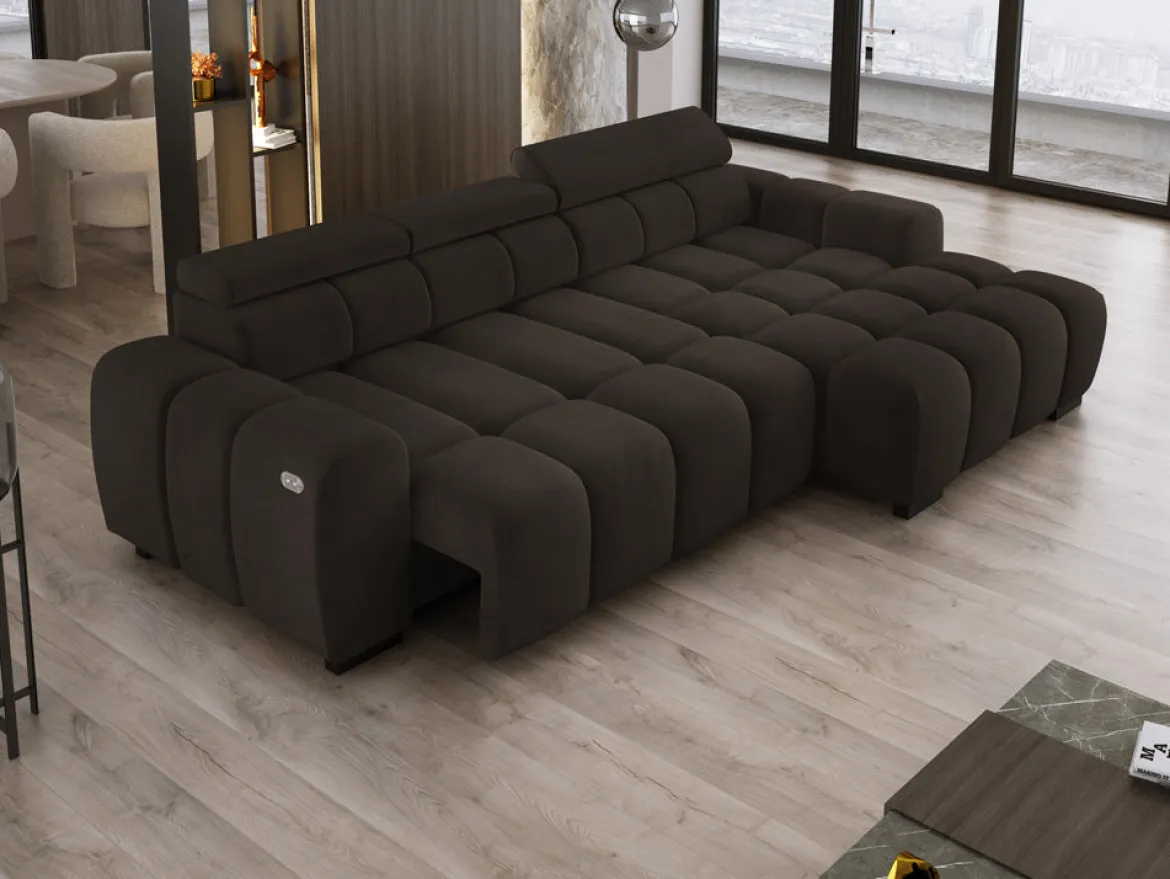 Designer Ecksofa Amalfi in Samt mit elektrischer Sitzerweiterung
