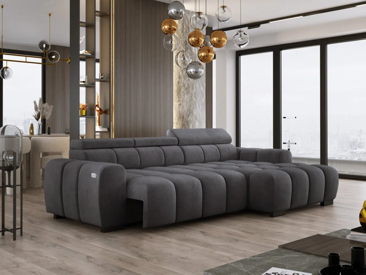 Designer Ecksofa Amalfi in Samt mit elektrischer Sitzerweiterung