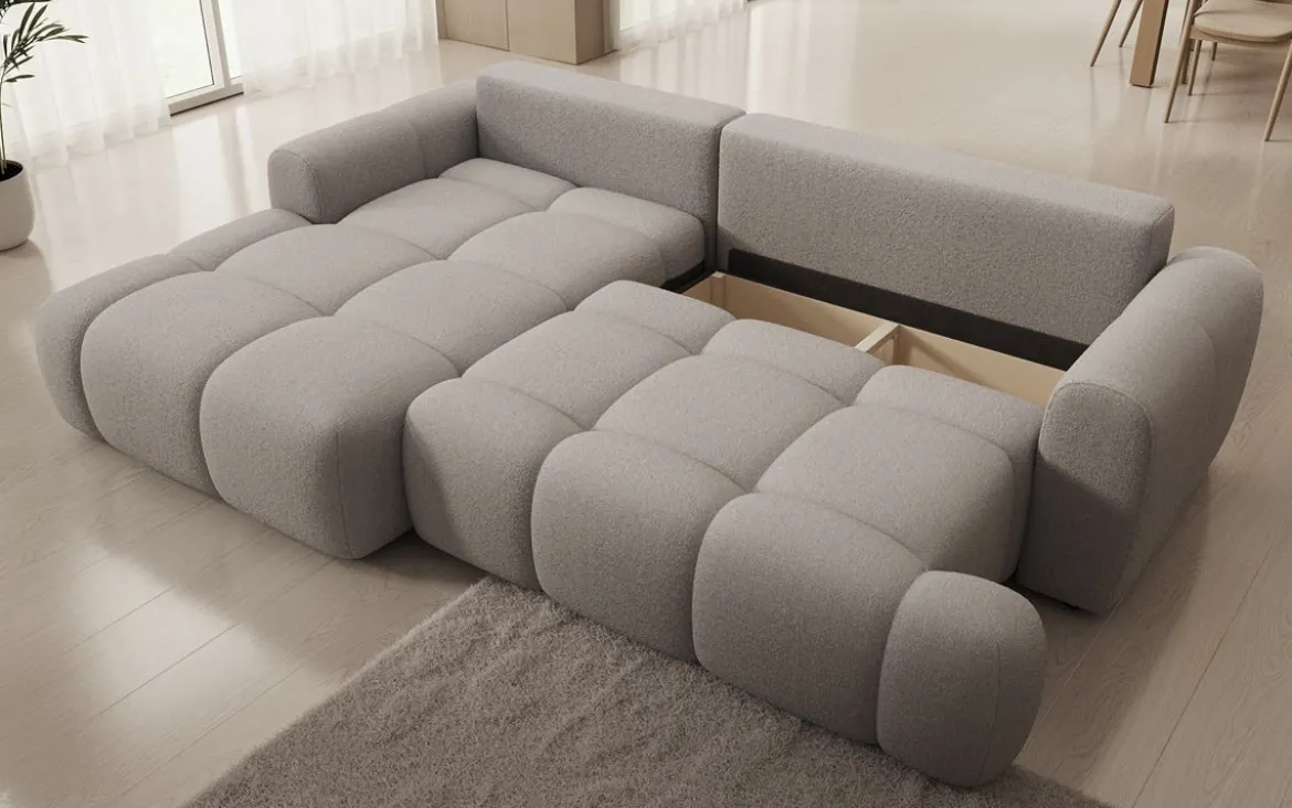 Designer Ecksofa Analfi mit Schlaf- und Klappfunktion in Bouclé