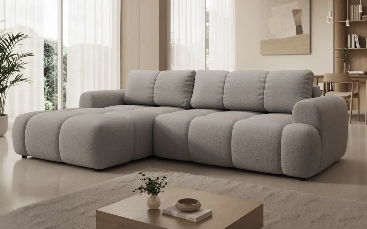 Designer Ecksofa Analfi mit Schlaf- und Klappfunktion in Bouclé