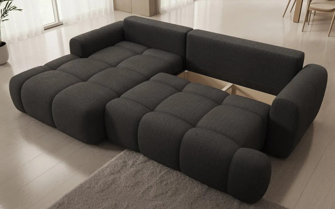 Designer Ecksofa Analfi mit Schlaf- und Klappfunktion in Bouclé