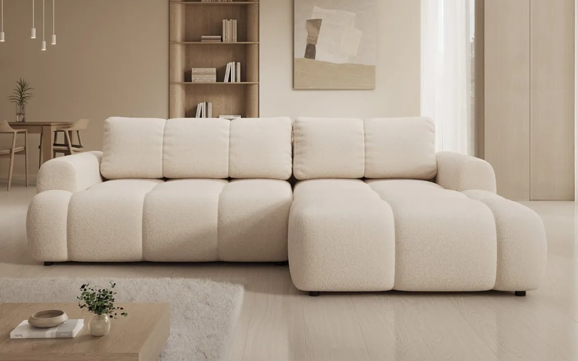 Designer Ecksofa Analfi mit Schlaf- und Klappfunktion in Bouclé