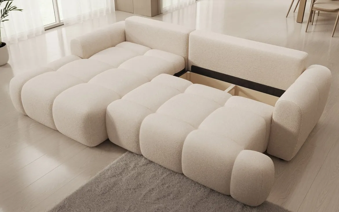 Designer Ecksofa Analfi mit Schlaf- und Klappfunktion in Bouclé