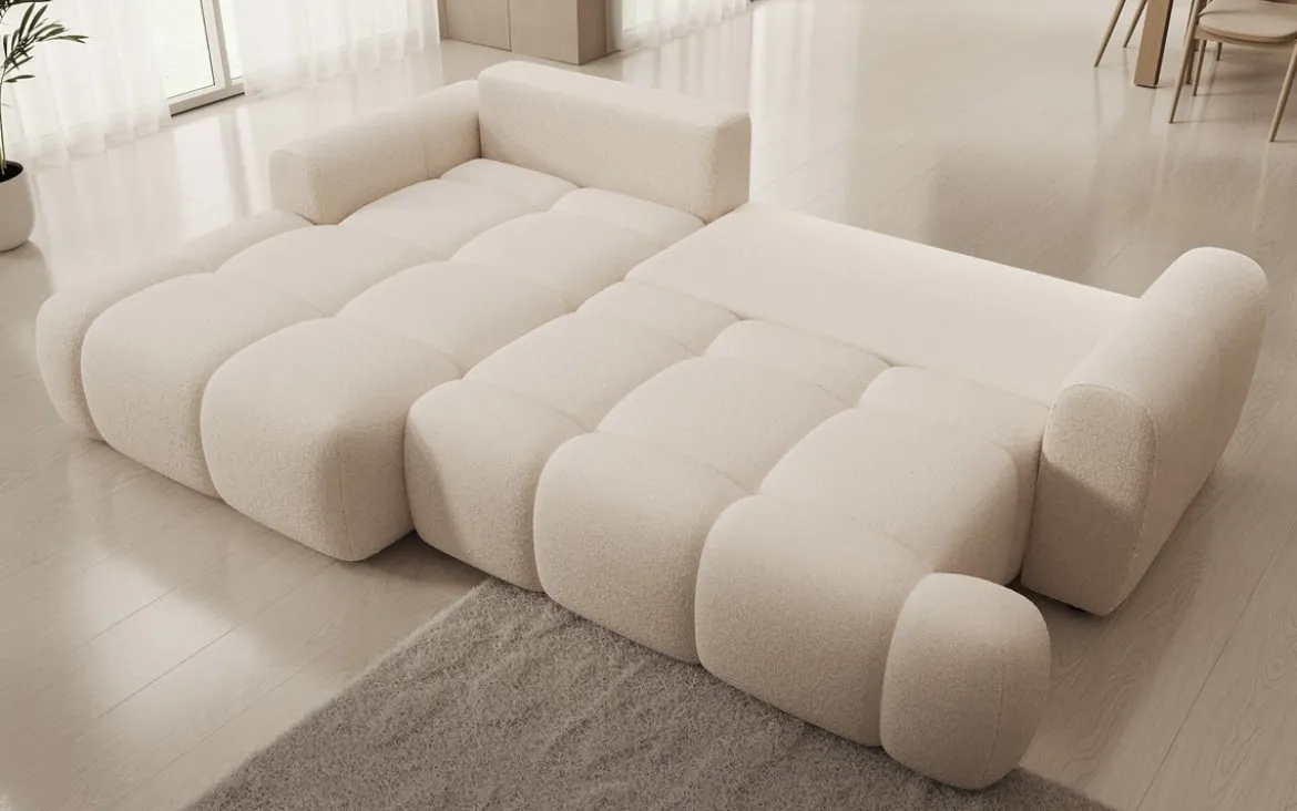 Designer Ecksofa Analfi mit Schlaf- und Klappfunktion in Bouclé