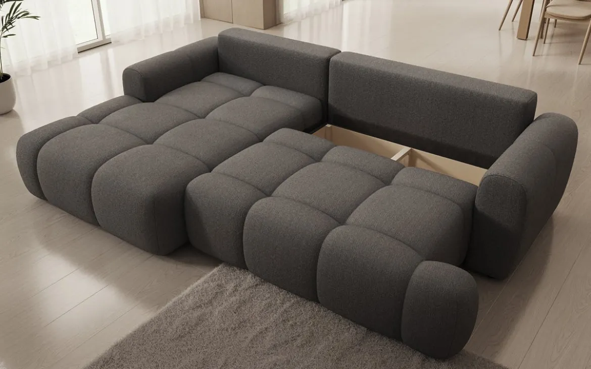 Designer Ecksofa Analfi mit Schlaf- und Klappfunktion in Bouclé