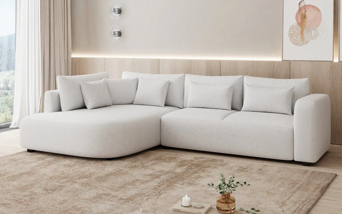 Designer Ecksofa Ando mit breiter Ottomane in Strukturstoff