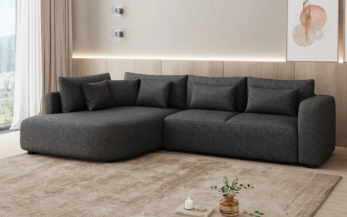 Designer Ecksofa Ando mit breiter Ottomane in Strukturstoff