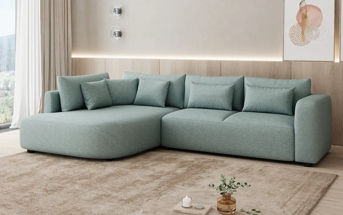 Designer Ecksofa Ando mit breiter Ottomane in Strukturstoff