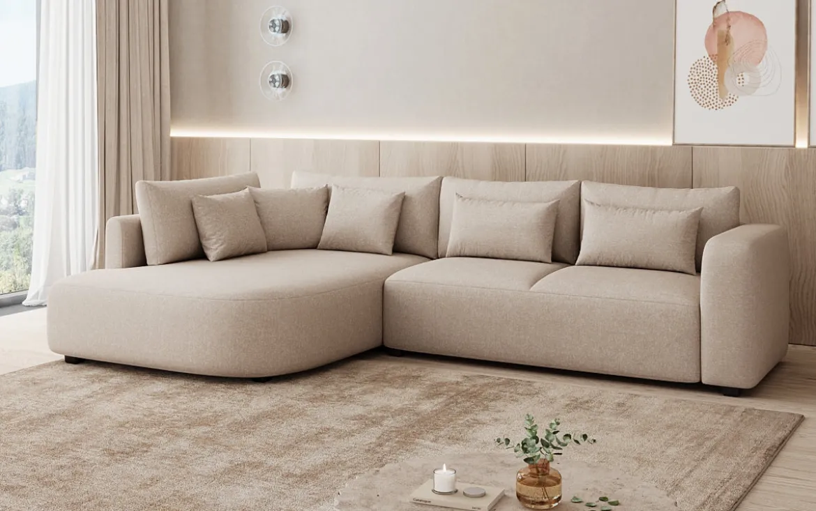 Designer Ecksofa Ando mit breiter Ottomane in Strukturstoff