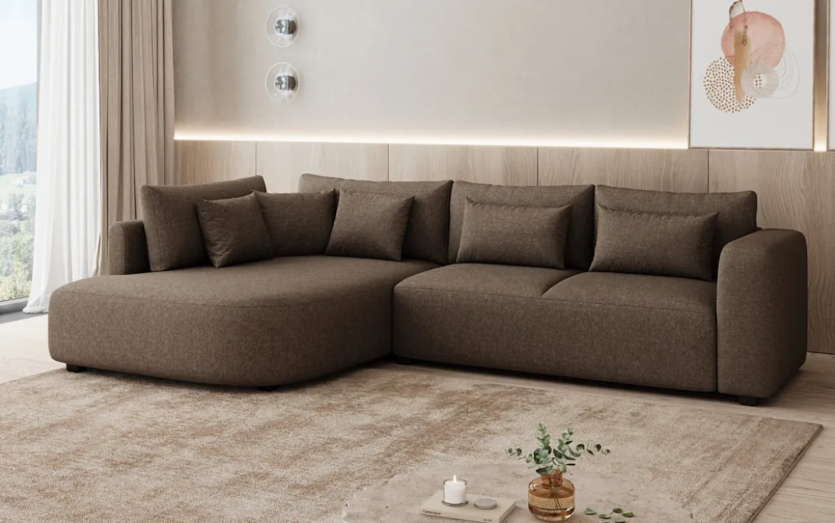 Designer Ecksofa Ando mit breiter Ottomane in Strukturstoff