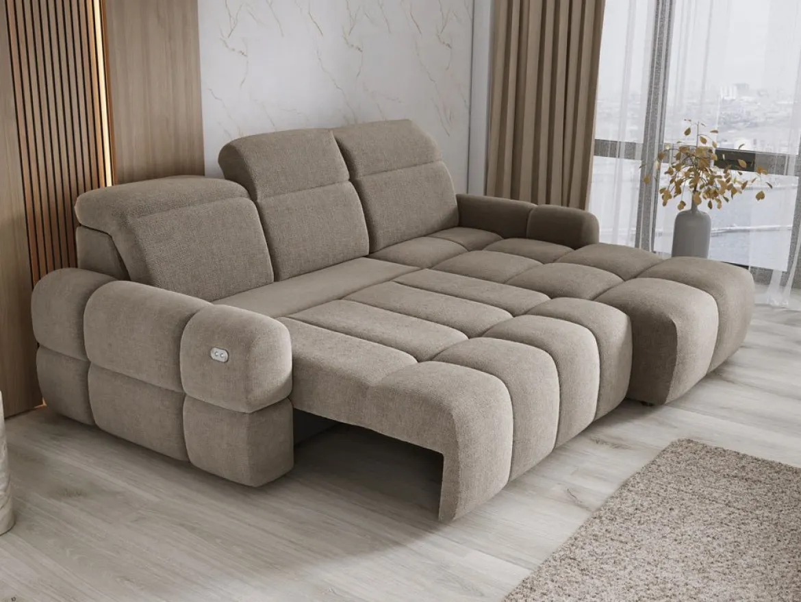 Designer Ecksofa Arosa mit elektrischer Schlaffunktion in Bouclé