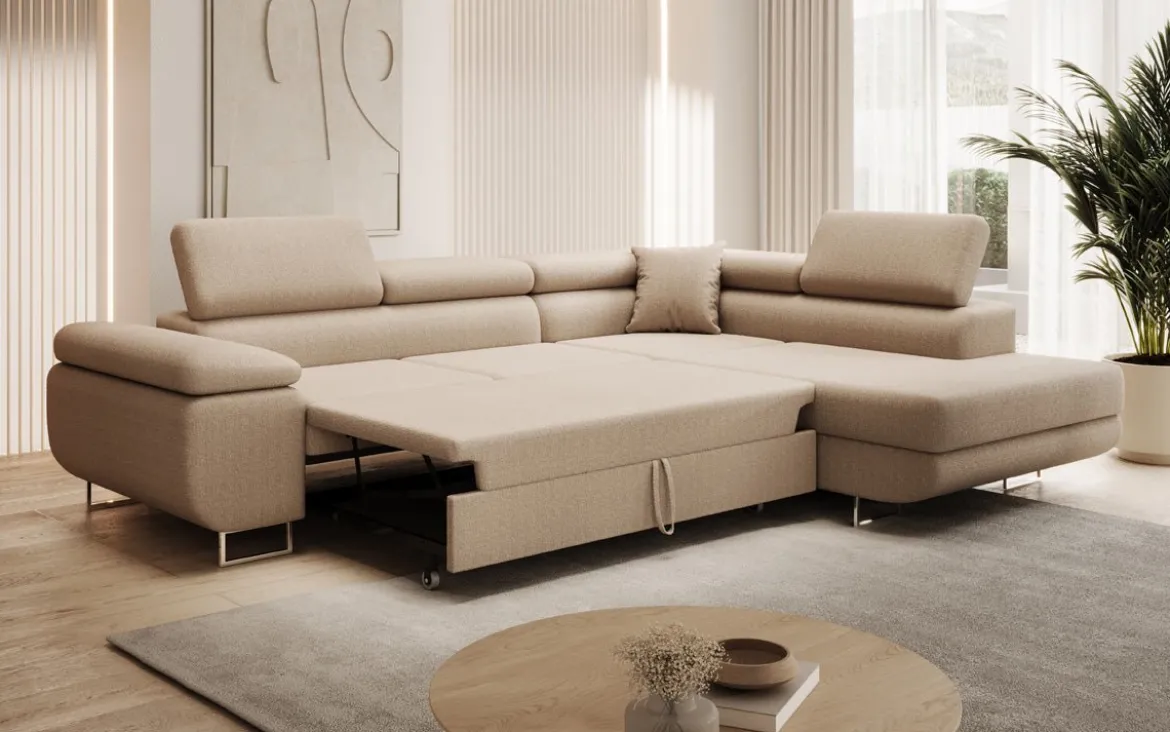 Designer Ecksofa Aston mit Schlaf- und Klappfunktion aus Bouclé