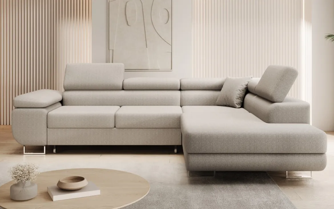 Designer Ecksofa Aston mit Schlaf- und Klappfunktion aus Bouclé