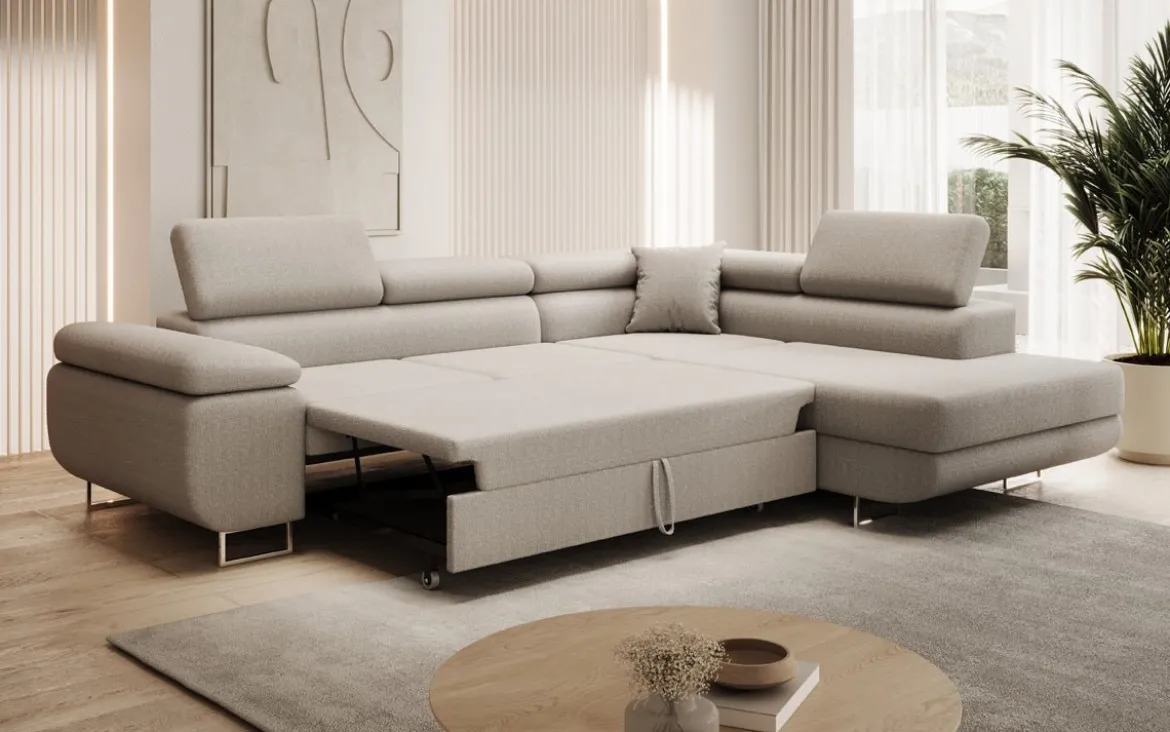 Designer Ecksofa Aston mit Schlaf- und Klappfunktion aus Bouclé