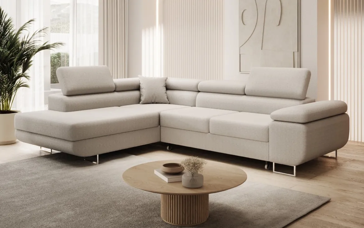 Designer Ecksofa Aston mit Schlaf- und Klappfunktion aus Bouclé