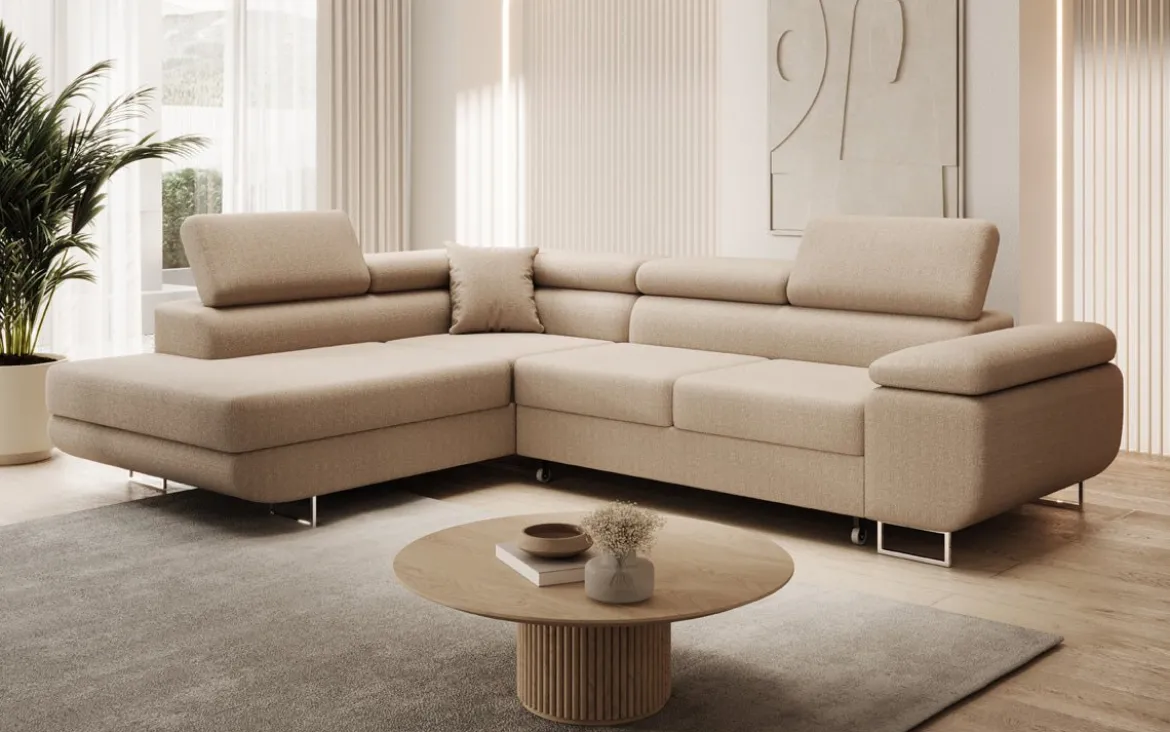 Designer Ecksofa Aston mit Schlaf- und Klappfunktion aus Bouclé