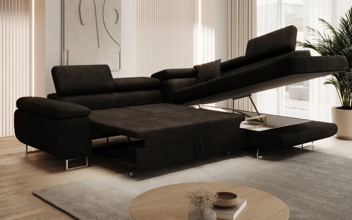 Designer Ecksofa Aston mit Schlaf- und Klappfunktion aus Bouclé