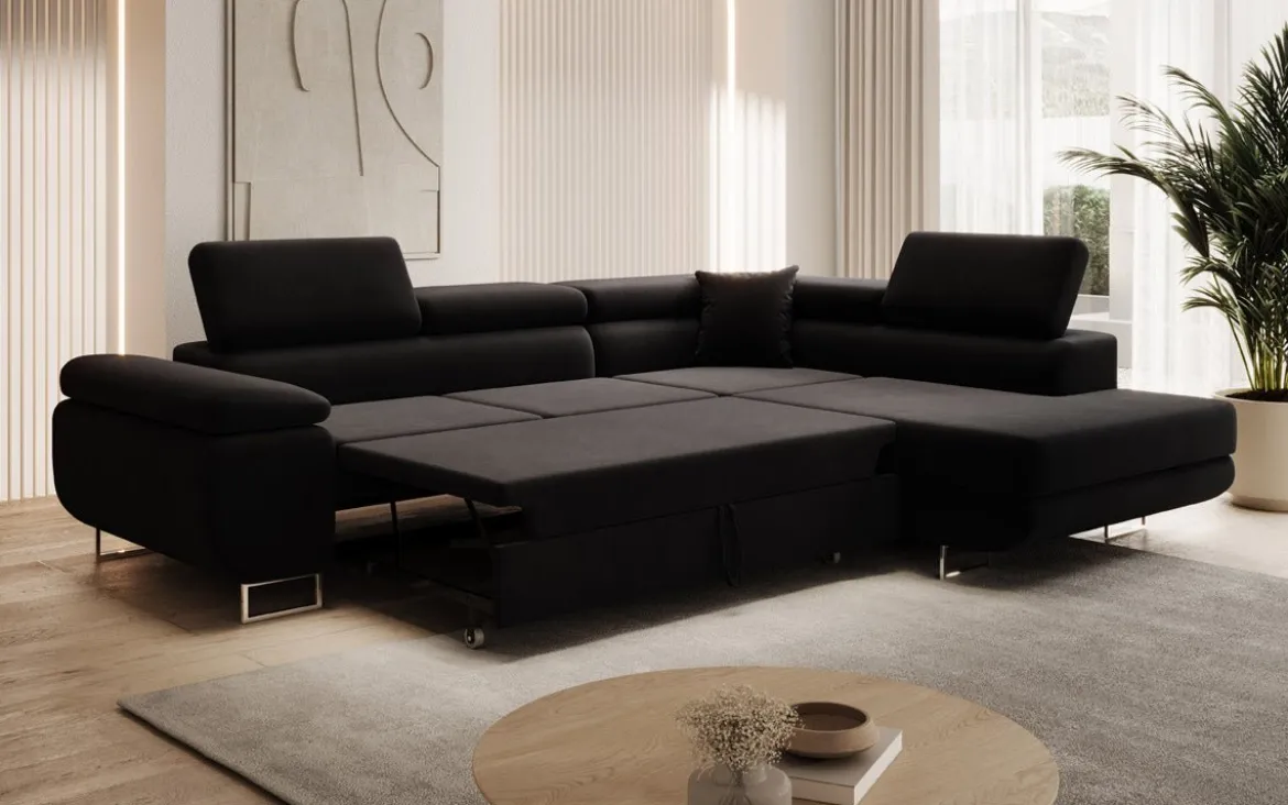 Designer Ecksofa Aston mit Schlaf- und Klappfunktion aus Samt