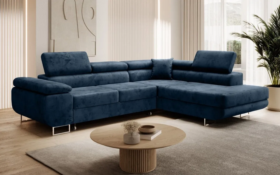 Designer Ecksofa Aston mit Schlaf- und Klappfunktion aus Samt