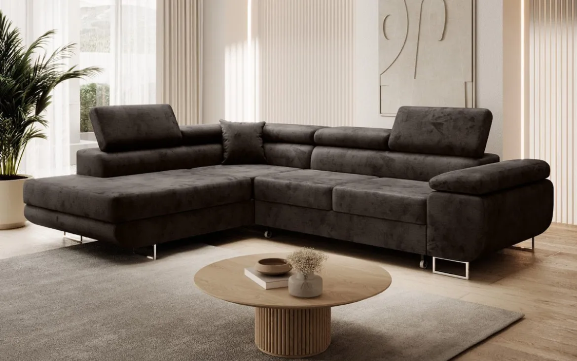 Designer Ecksofa Aston mit Schlaf- und Klappfunktion aus Samt