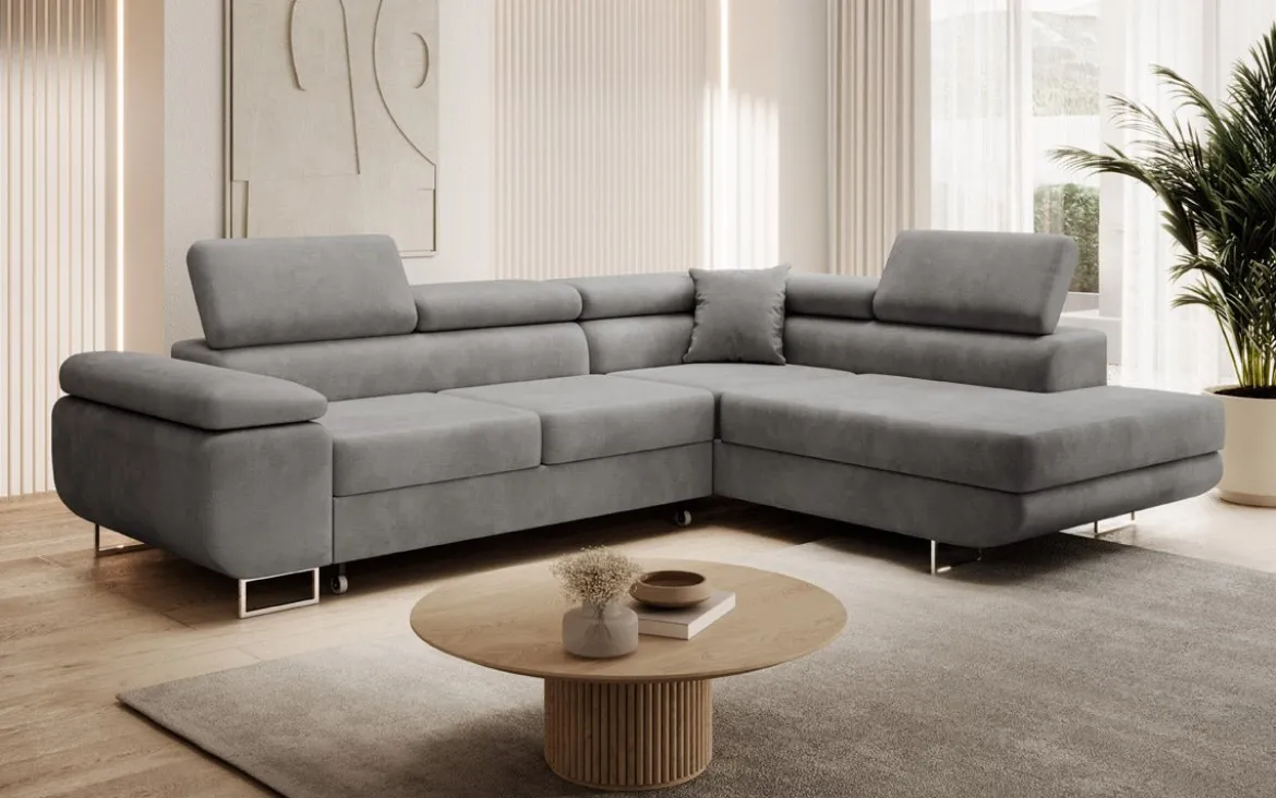 Designer Ecksofa Aston mit Schlaf- und Klappfunktion aus Samt