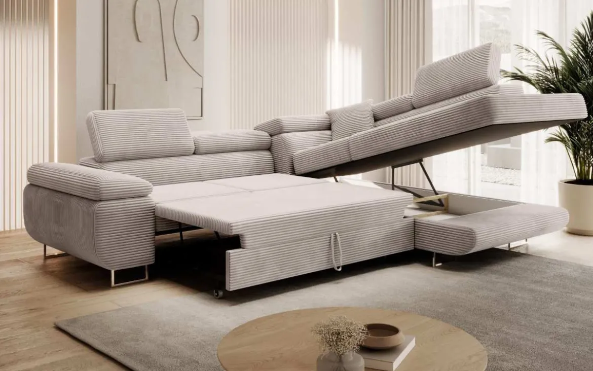 Designer Ecksofa Aston mit Schlaf- und Klappfunktion aus Cord