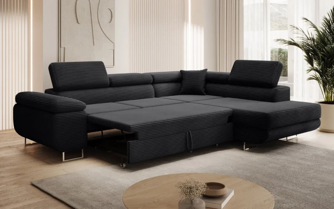 Designer Ecksofa Aston mit Schlaf- und Klappfunktion aus Cord