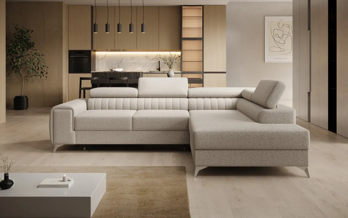 Designer Ecksofa Aurea mit Schlaf- und Klappfunktion in Bouclé
