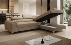 Designer Ecksofa Aurea mit Schlaf- und Klappfunktion in Bouclé