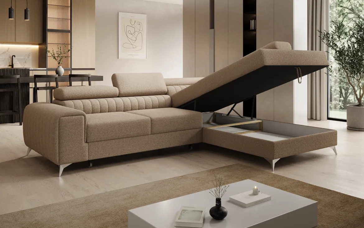 Designer Ecksofa Aurea mit Schlaf- und Klappfunktion in Bouclé