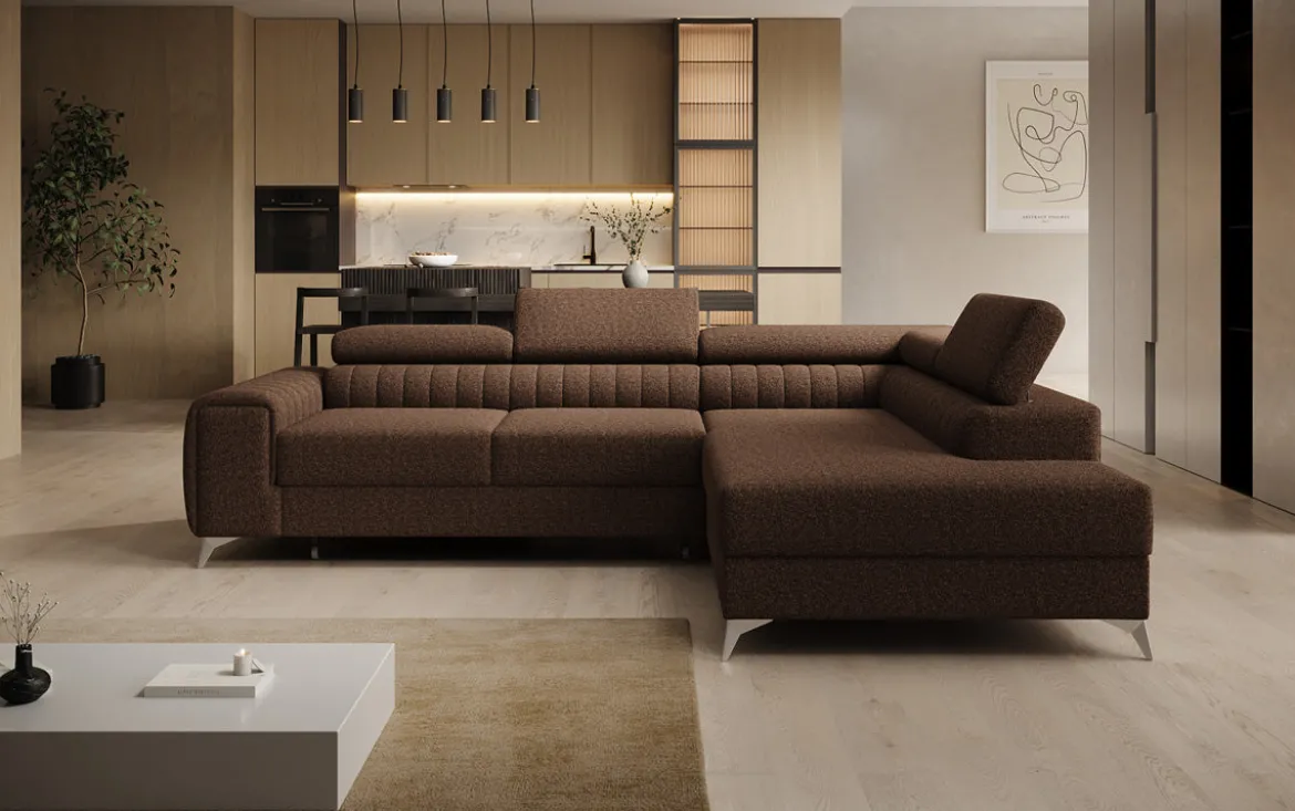 Designer Ecksofa Aurea mit Schlaf- und Klappfunktion in Bouclé