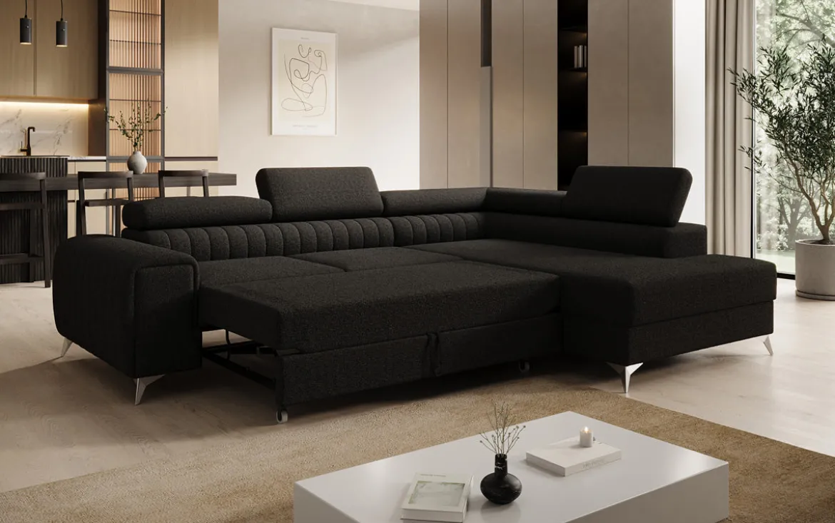 Designer Ecksofa Aurea mit Schlaf- und Klappfunktion in Bouclé