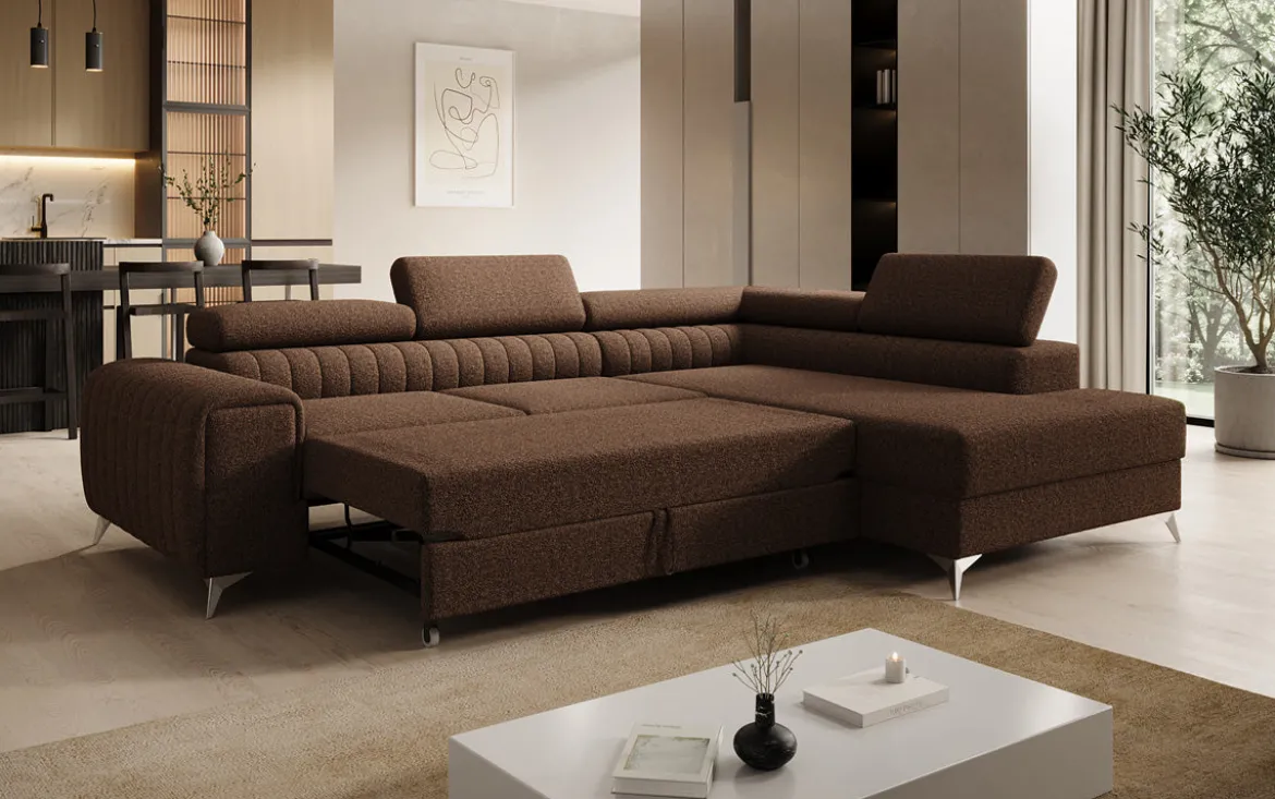 Designer Ecksofa Aurea mit Schlaf- und Klappfunktion in Bouclé
