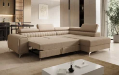 Designer Ecksofa Aurea mit Schlaf- und Klappfunktion in Bouclé
