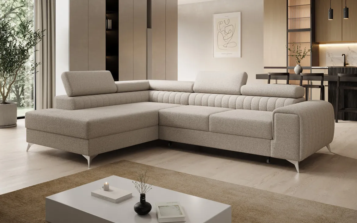 Designer Ecksofa Aurea mit Schlaf- und Klappfunktion in Bouclé