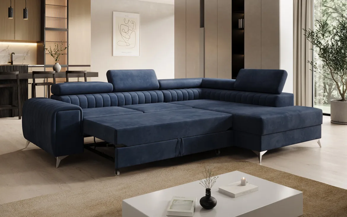 Designer Ecksofa Aurea mit Schlaf- und Klappfunktion in Samt