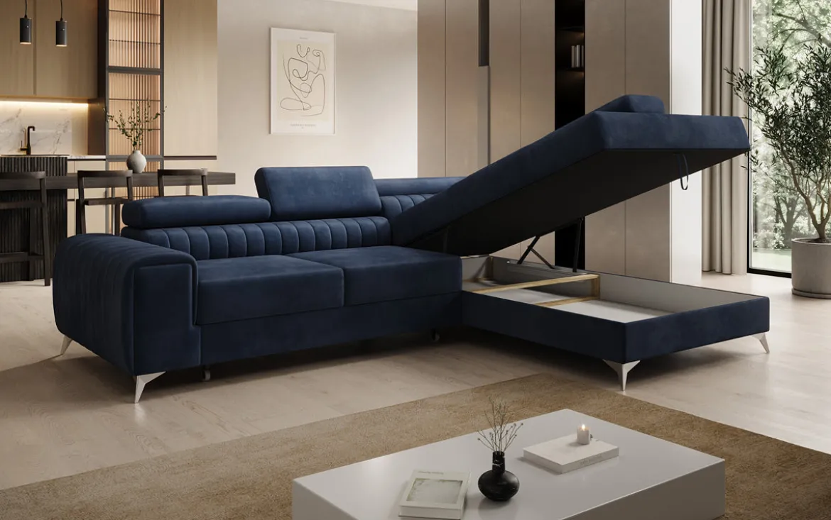 Designer Ecksofa Aurea mit Schlaf- und Klappfunktion in Samt