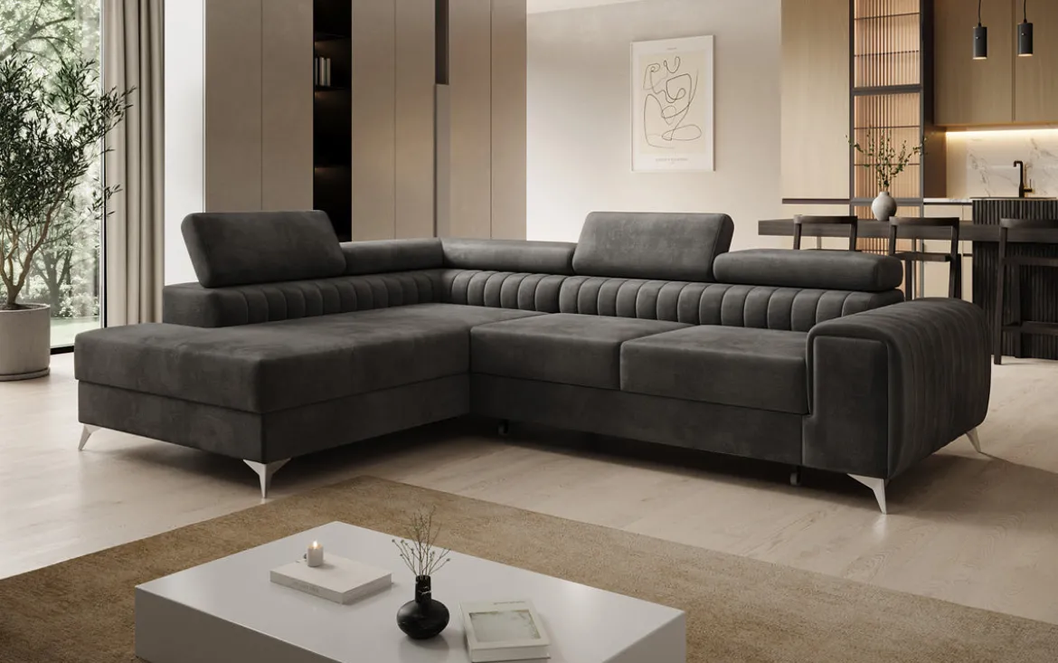 Designer Ecksofa Aurea mit Schlaf- und Klappfunktion in Samt