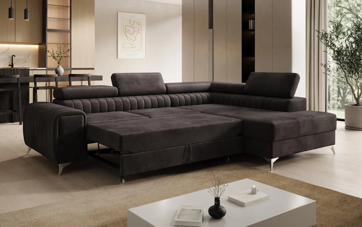 Designer Ecksofa Aurea mit Schlaf- und Klappfunktion in Samt