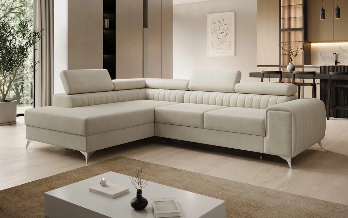 Designer Ecksofa Aurea mit Schlaf- und Klappfunktion in Samt