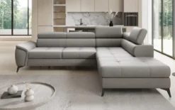 Designer Ecksofa Aveline mit Schlaffunktion und Stauraum in Echtleder