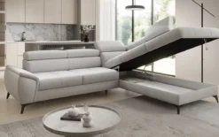 Designer Ecksofa Aveline mit Schlaffunktion und Stauraum in Echtleder