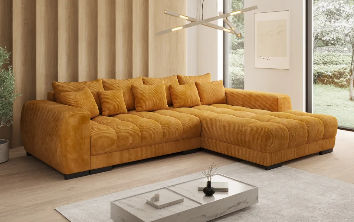 Designer Ecksofa Balu mit Schlaffunktion und Stauraum in Cord